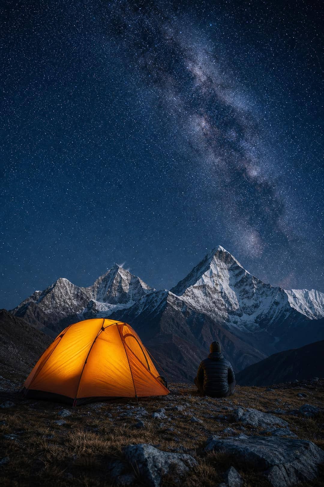 Night camping under the Milky Way in the Himalayas